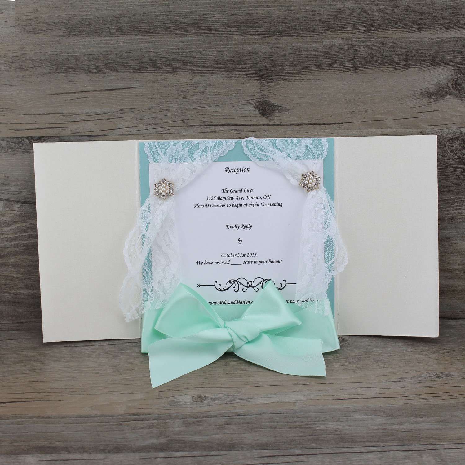 Gate Fold Invitation Card with Lace Decoration Wedding Card with Ribbon Bow
